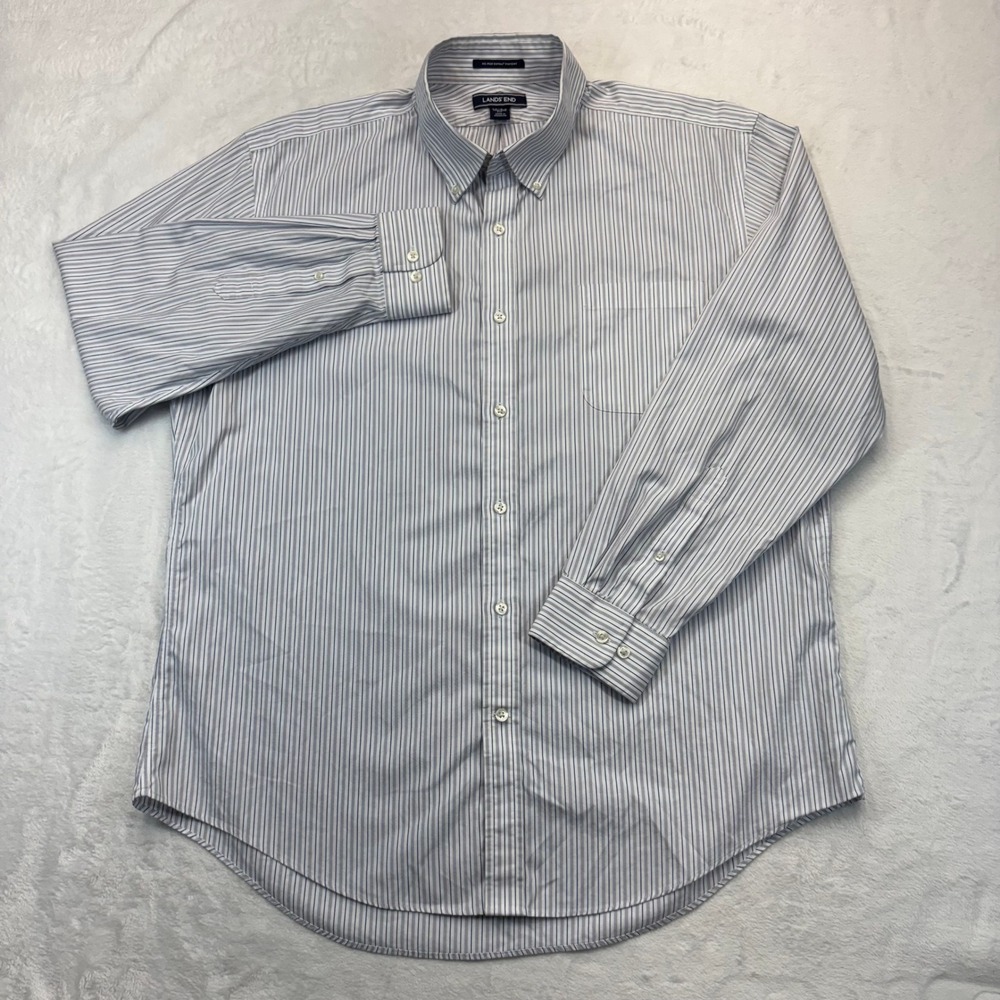 Lands End No Iron Supima Pinpoint Shirt Mens 17-34 Tailored Fit Blue Stripe